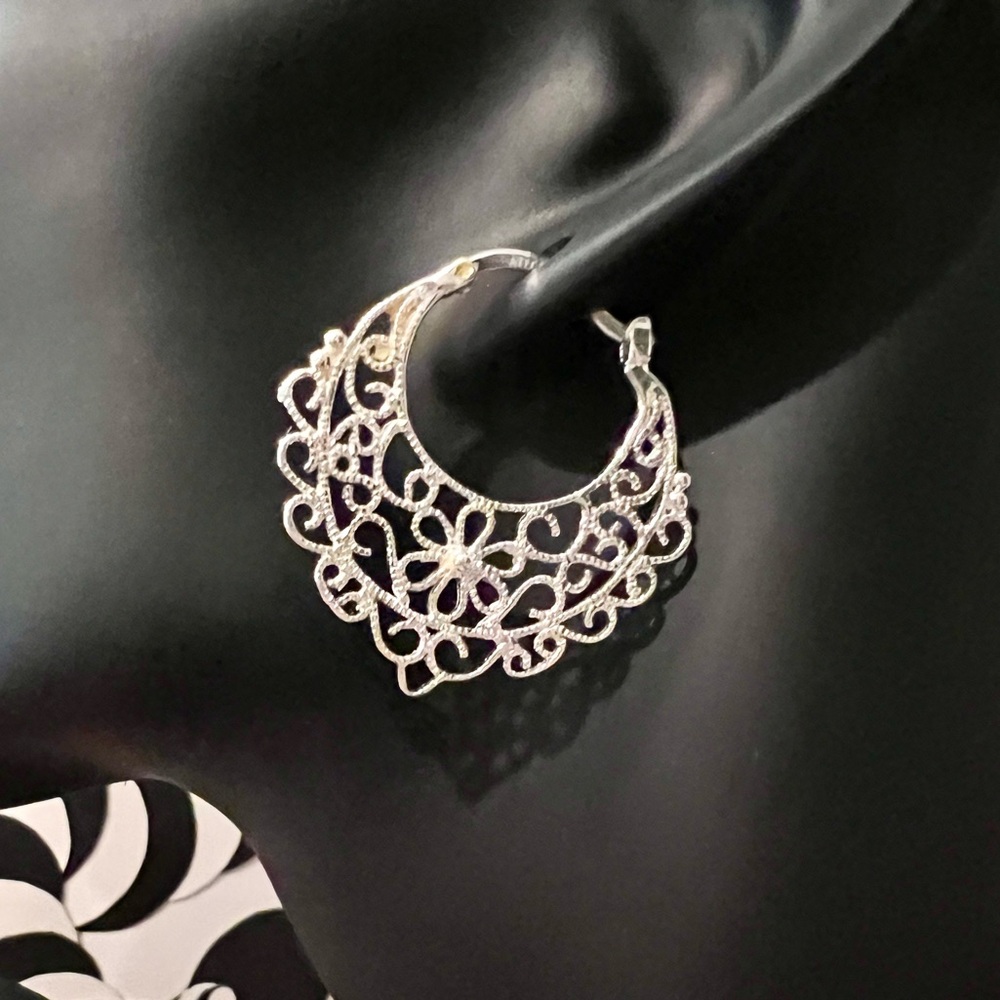 Vintage Filigree Hoop Earrings High Shine Silver Polished large hoop earrings